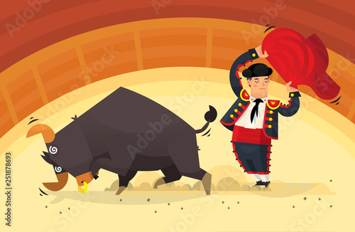 Man holding red cloth showing tricks with an angry bull on arena. Vector illustration