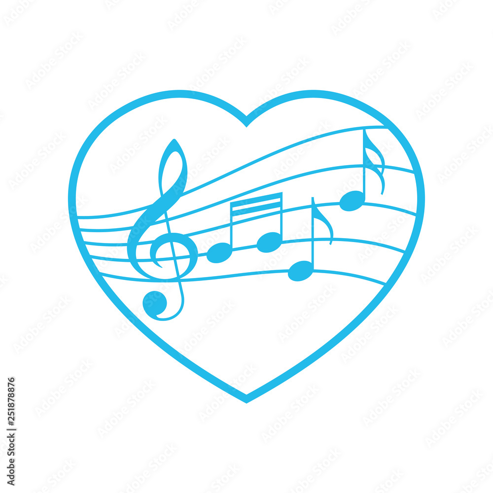 Vector blue heart with notes and violin key Vector blue heart with notes and violin key