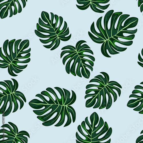 Blue tropical leaves monstera pattern. Tropical seamless pattern with leaf monstera.