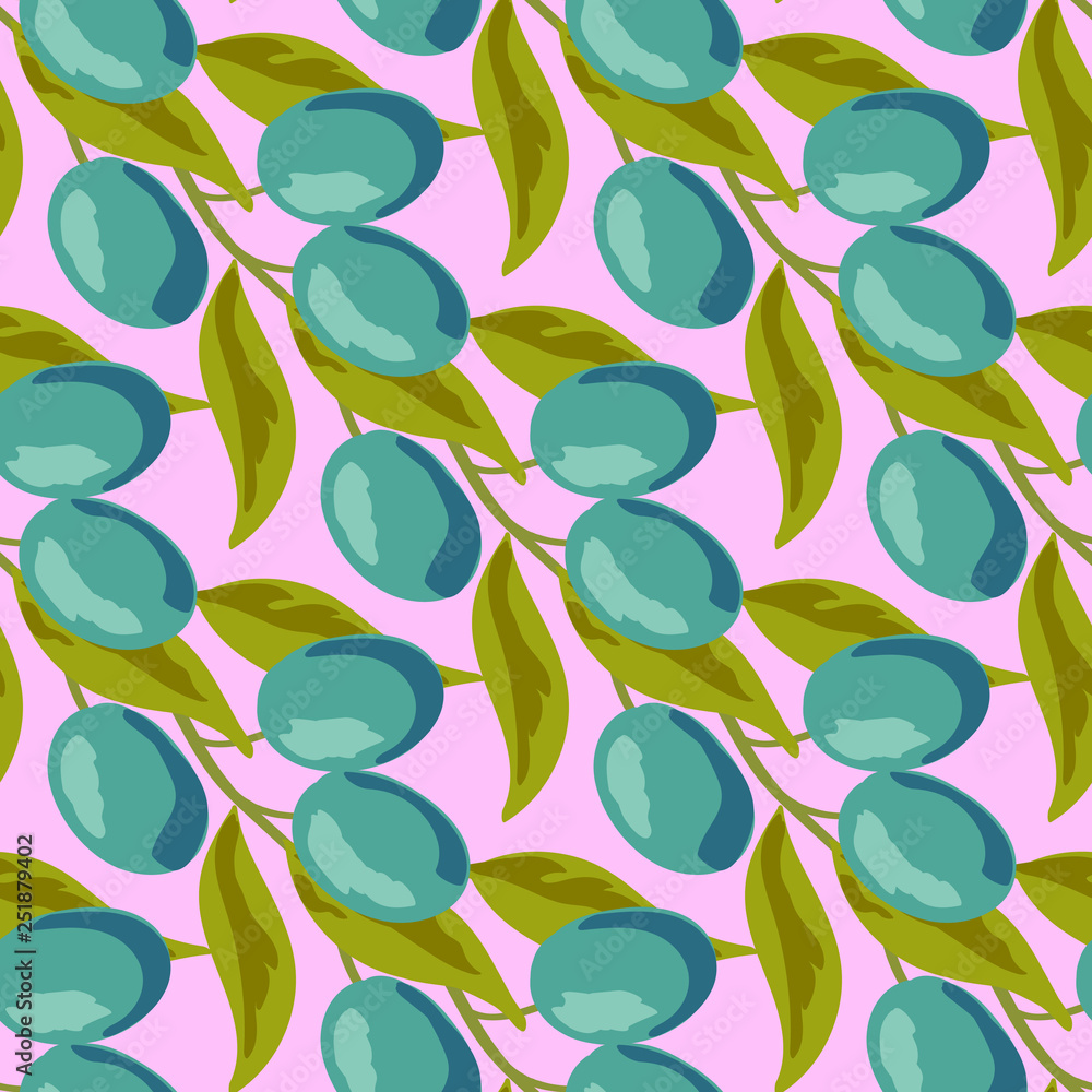Blue plums with leaves pattern.Beautiful background with olives on a green background. Blue plums with leaves pattern.Beautiful background with olives on a green background.