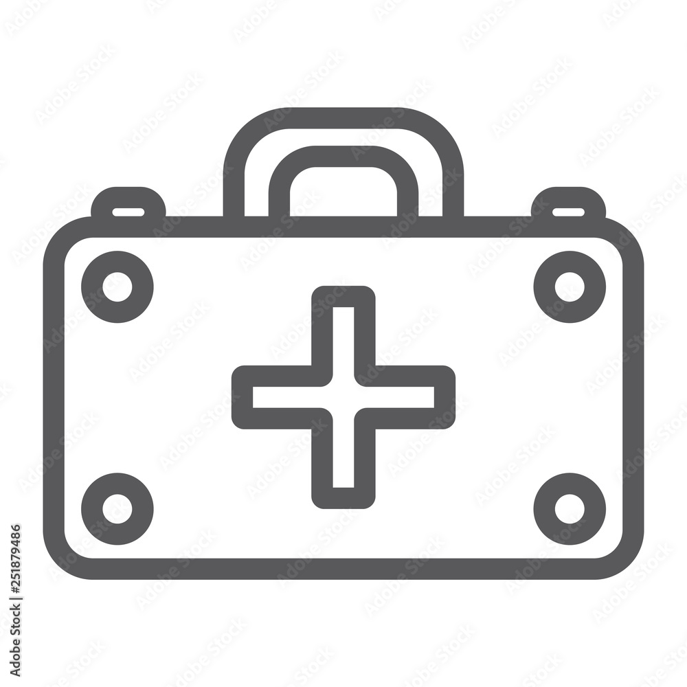 First aid kit line icon, medicine and emergency, medical box sign, vector graphics, a linear pattern on a white background. First aid kit line icon, medicine and emergency, medical box sign, vector graphics, a linear pattern on a white background.