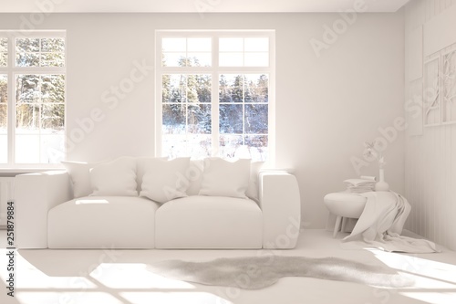 White stylish minimalist room in grey color with sofa and winter landscape in window. Scandinavian interior design. 3D illustration © AntonSh