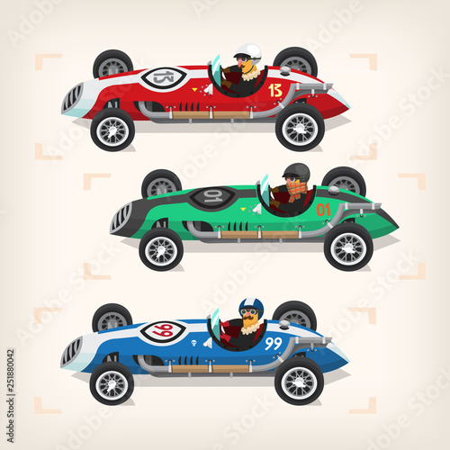 Set of colorful fast retro motor racing cars on a start line. Vector illustration