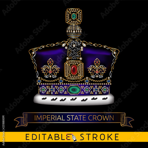 British Imperial State Crown. Gold icon on black background. Golden ribbon or banner include. Easy changing vector with editable strokes.
