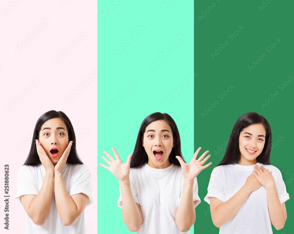 Collage of surprised shocked excited asian woman face isolated on colorful background. Young asian girl in summer t shirt. Copy space Collage of surprised shocked excited asian woman face isolated on colorful background. Young asian girl in summer t shirt. Copy space