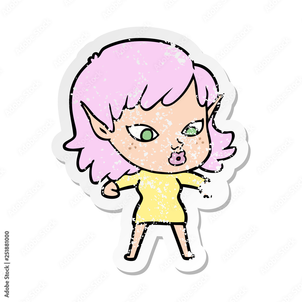 distressed sticker of a pretty cartoon elf girl distressed sticker of a pretty cartoon elf girl
