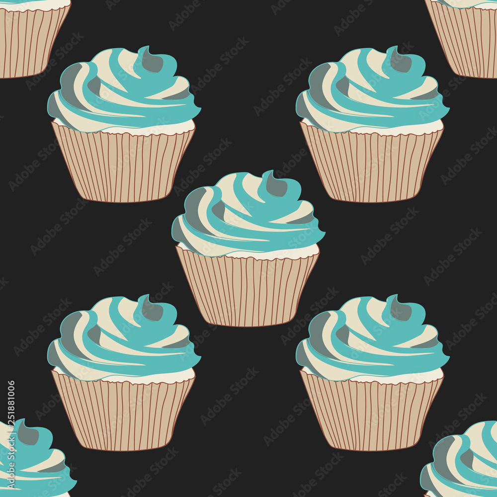 Sweet cupcake vector seamless pattern.Sweets on a dark background.