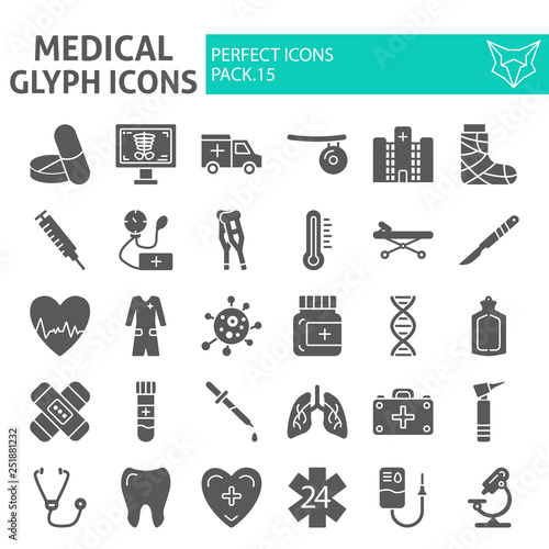 Medical glyph icon set, hospital symbols collection, vector sketches, logo illustrations, medicine signs solid pictograms package isolated on white background.