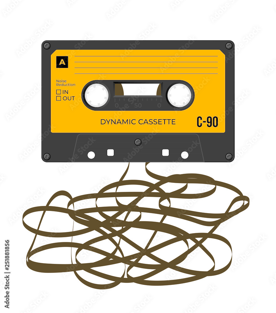 Vector old compact audio cassette with tangled tape Stock Vector