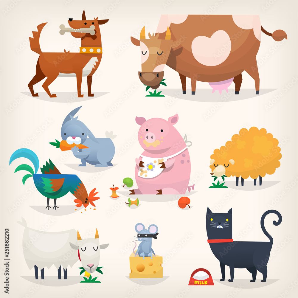 Set of popular colorful vector farm animals and birds eating food