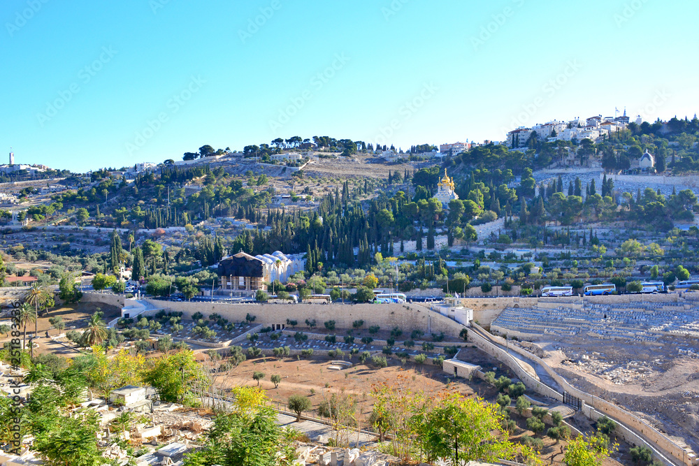  View  on the slope of Mount of Olives with the Gethsemane Garden, Churches of All Nations, Mary Magdalene and Dominus Flevit, Jerusalem, Israel