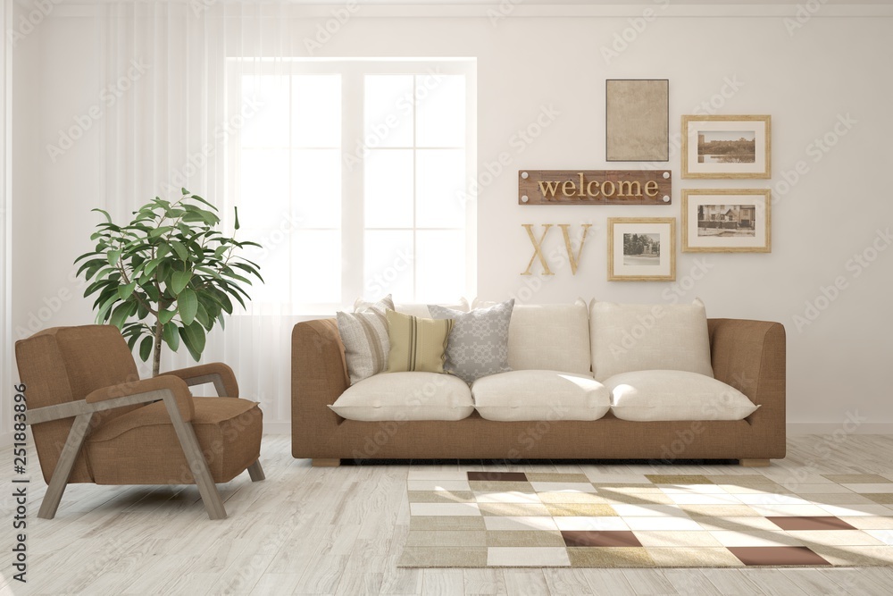 White stylish minimalist room with brown sofa. Scandinavian interior  design. 3D illustration Stock Illustration | Adobe Stock