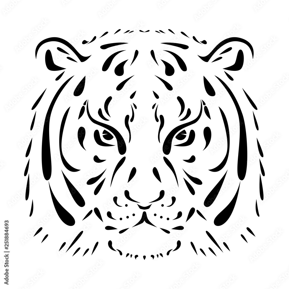 Ornamental black and white silhouette of tiger head. Tattoo, logo, symbol. Monochrome vector image.