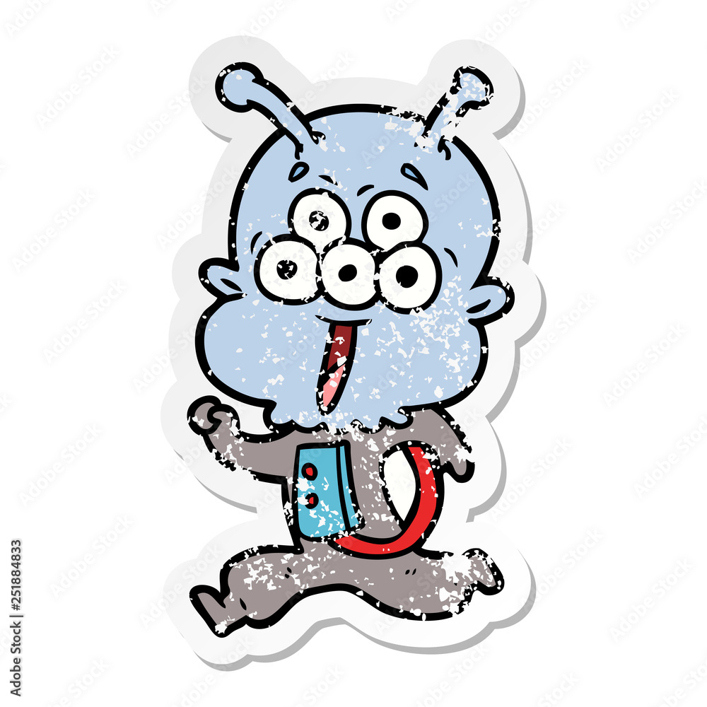distressed sticker of a happy cartoon alien running distressed sticker of a happy cartoon alien running