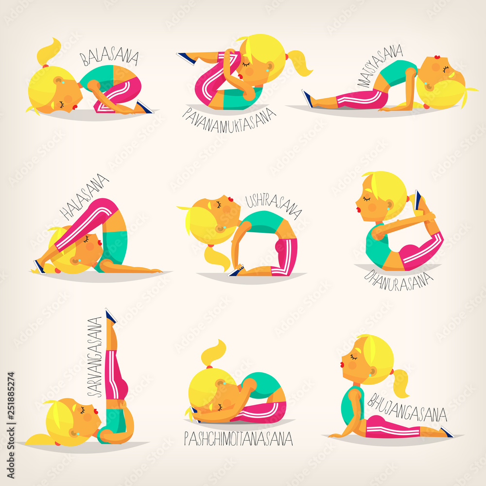 Young flexible girl in different yoga poses. Names of yoga asanas ...