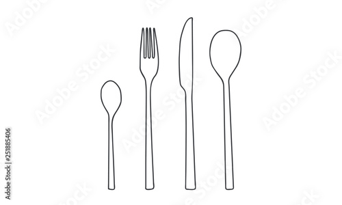 Vector Line Art illustration - small spoon, fork, knife, big spoon