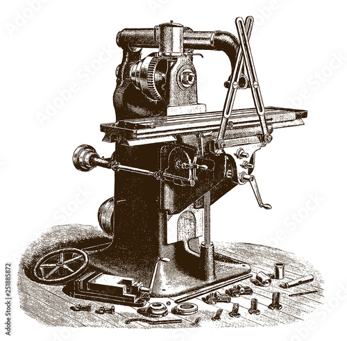 Antique plain milling machine with range of tools and spare parts, after engraving from 19th century