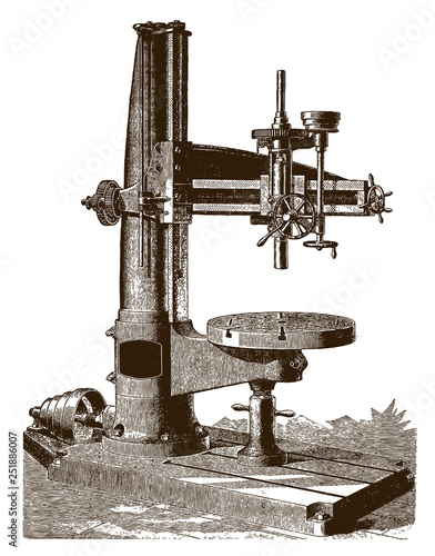 Historical radial drill machine in side view (after an etching or engraving from the 19th century)