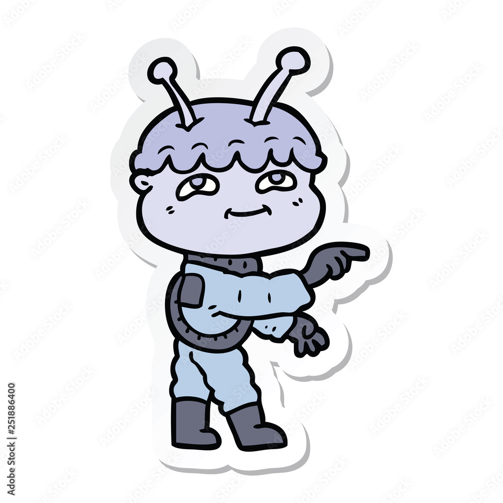 sticker of a friendly cartoon spaceman pointing sticker of a friendly cartoon spaceman pointing