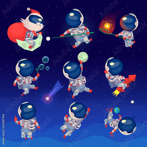 Set of cute astronauts in space, working playing games and having fun. Astronauts in space suits with no gravity. 