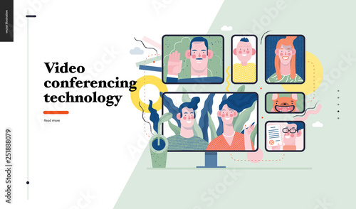 Technology 1 -Video conferencing technology - modern flat vector concept digital illustration video conference metaphor, digital communication. Creative landing web page design template