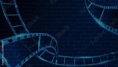 Film strip on brick wall. Background in cinematic style on brick wall. Old cinema abstract background. Cinema Movie Time Concept . Graffiti film reel in 3d isometric style. Vector illustration