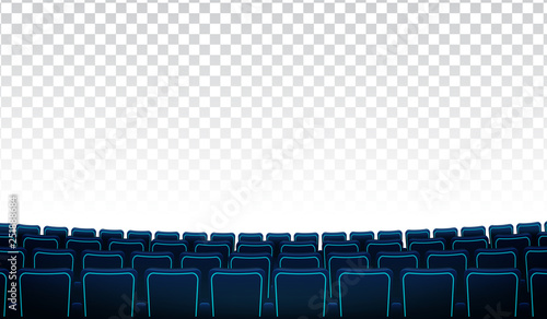 Realistic rows of blue chairs cinema or movie theater seats in front of transparent background. Cinema auditorium and movie theater empty scene design for sample text space.Movie cinema premiere poste