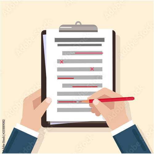 Hands on table. Filling the checklist. Additions and improvements of the article