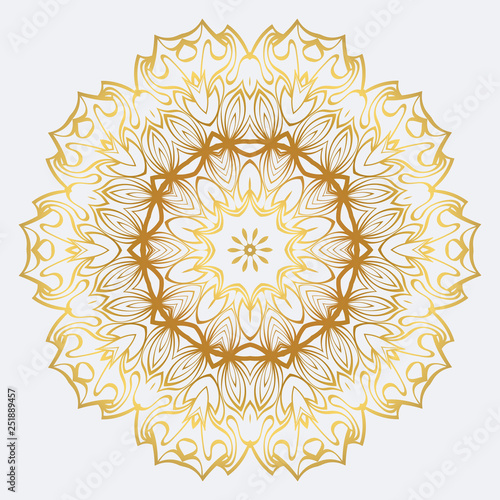 Vector Round Abstract Mandala Style Decorative Element. Hand-Drawn Vector Illustration. Can Be Used For Textile, Greeting Card, Coloring Book, Phone Case Print. Gold color