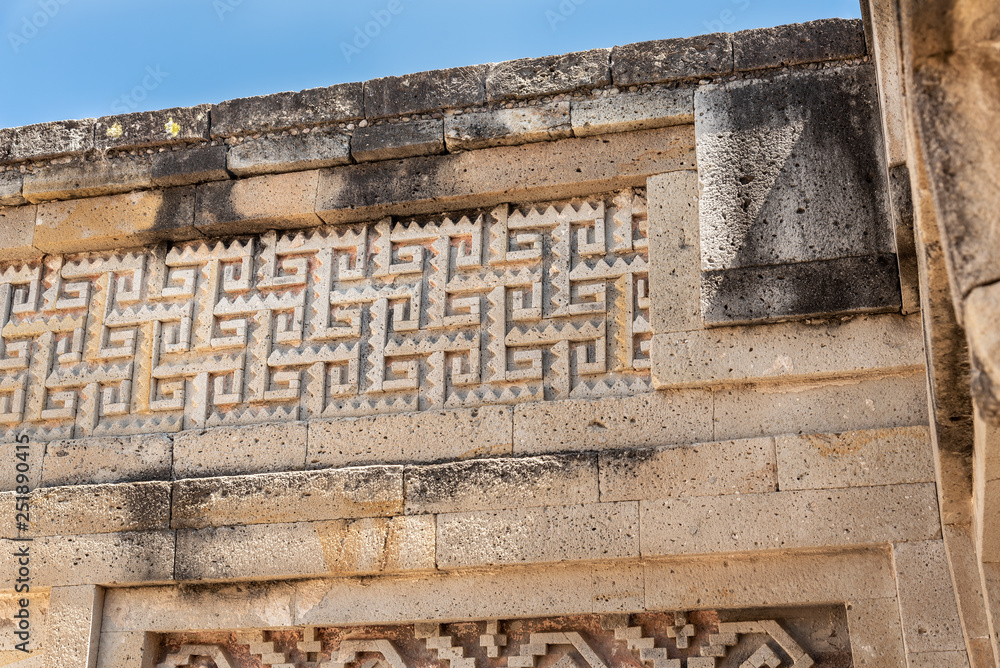 Mitla, old Zapotec tribe ruins found in Oaxaca, Mexico. Stone palace with intricate fretwork found in the archaeological site of Mitla