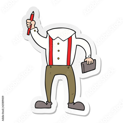 sticker of a cartoon headless body with notepad and pen