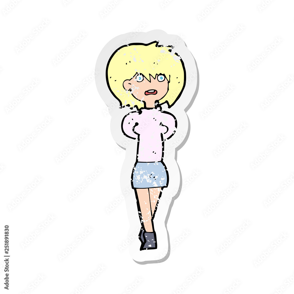 retro distressed sticker of a cartoon shocked woman retro distressed sticker of a cartoon shocked woman