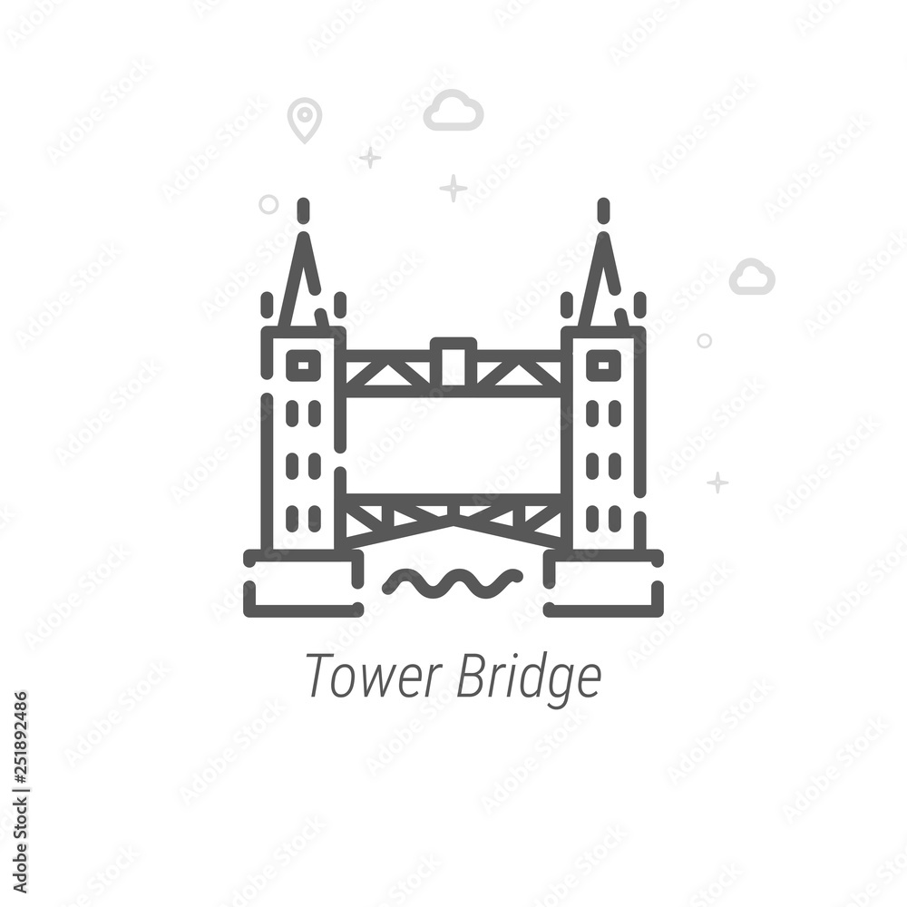 Tower Bridge, London Vector Line Icon, Symbol, Pictogram, Sign. Light Abstract Geometric Background. Editable Stroke