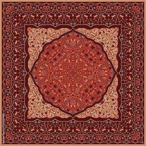 Ancient Arabic pattern. Red Persian carpet with rich ornament for fabric design, handmade, interior decoration, textile.