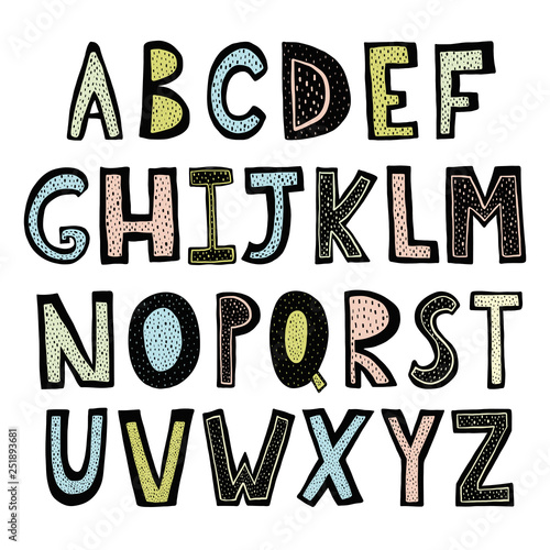 Funny hand drawn alphabet. Poster with hand drawn letters in scandinavian style. Vector illustration