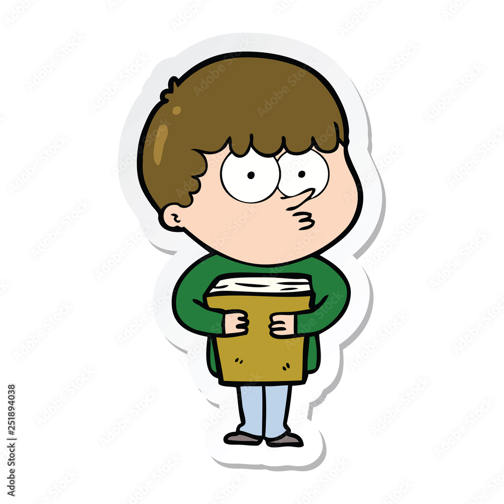 sticker of a cartoon curious boy holding a book sticker of a cartoon curious boy holding a book