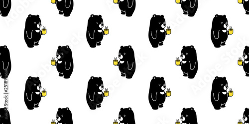 Bear seamless pattern vector polar bear coffee tea scarf isolated cartoon repeat wallpaper tile background illustration black
