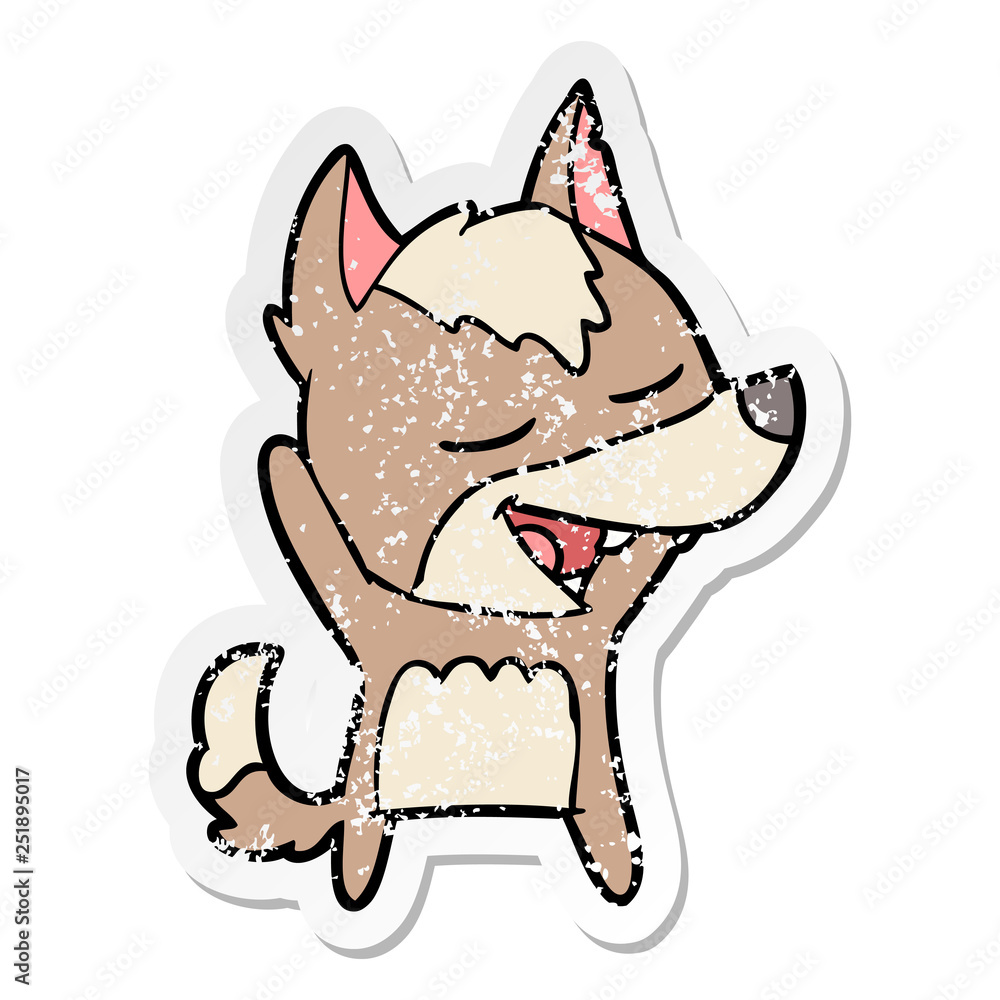 distressed sticker of a cartoon wolf laughing distressed sticker of a cartoon wolf laughing