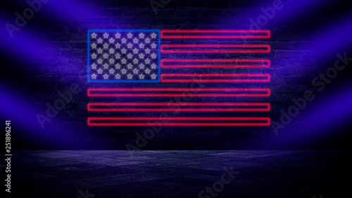 USA flag neon sign. Night b...