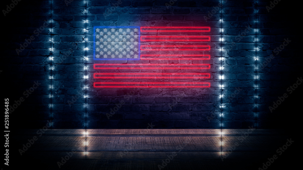 Fototapeta USA flag neon sign. Night bright Signboard USA flag