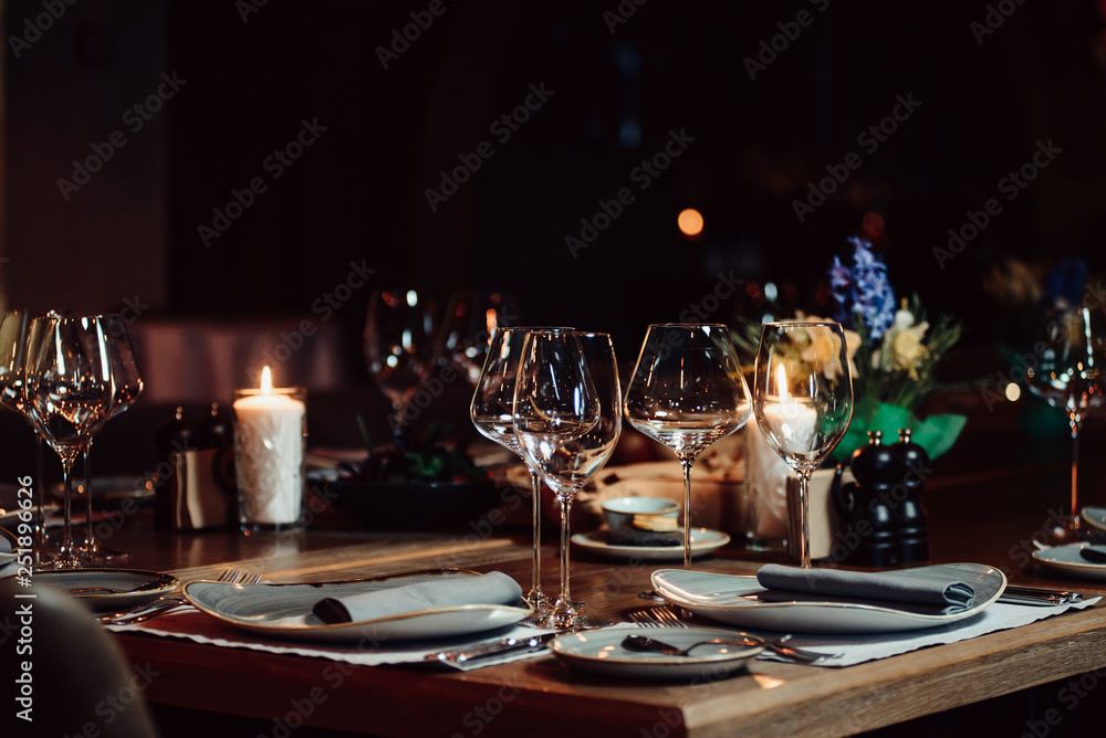luxury tableware beautiful table setting in restaurant - obrazy, fototapety, plakaty 
