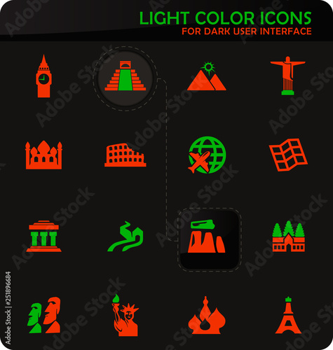 Travel and Wonders icons set
