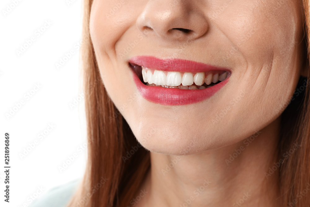 Smiling woman with perfect teeth on white background, closeup Smiling woman with perfect teeth on white background, closeup