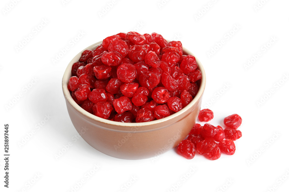Bowl with tasty cherries on white background. Dried fruits as healthy food Bowl with tasty cherries on white background. Dried fruits as healthy food