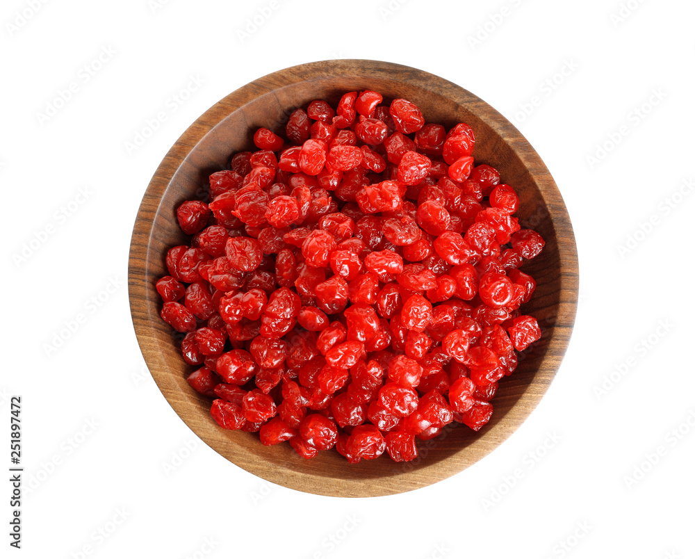 Bowl with tasty cherries on white background, top view. Dried fruits as healthy food Bowl with tasty cherries on white background, top view. Dried fruits as healthy food
