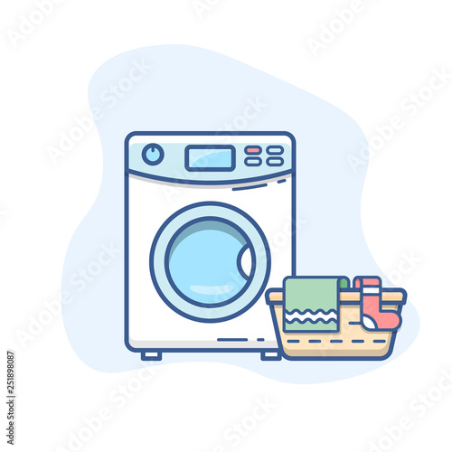 Washing machine with laundry basket vector line icon. Washer with dirty clothes outline illustration.