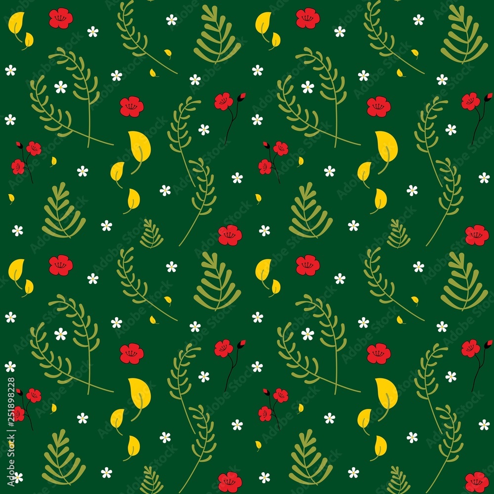 Vector seamless floral pattern. Trendy decorative colourful spring botanical pattern. Set of different plants, leaves and flowers. Cute objects on green background. Vector seamless floral pattern. Trendy decorative colourful spring botanical pattern. Set of different plants, leaves and flowers. Cute objects on green background.