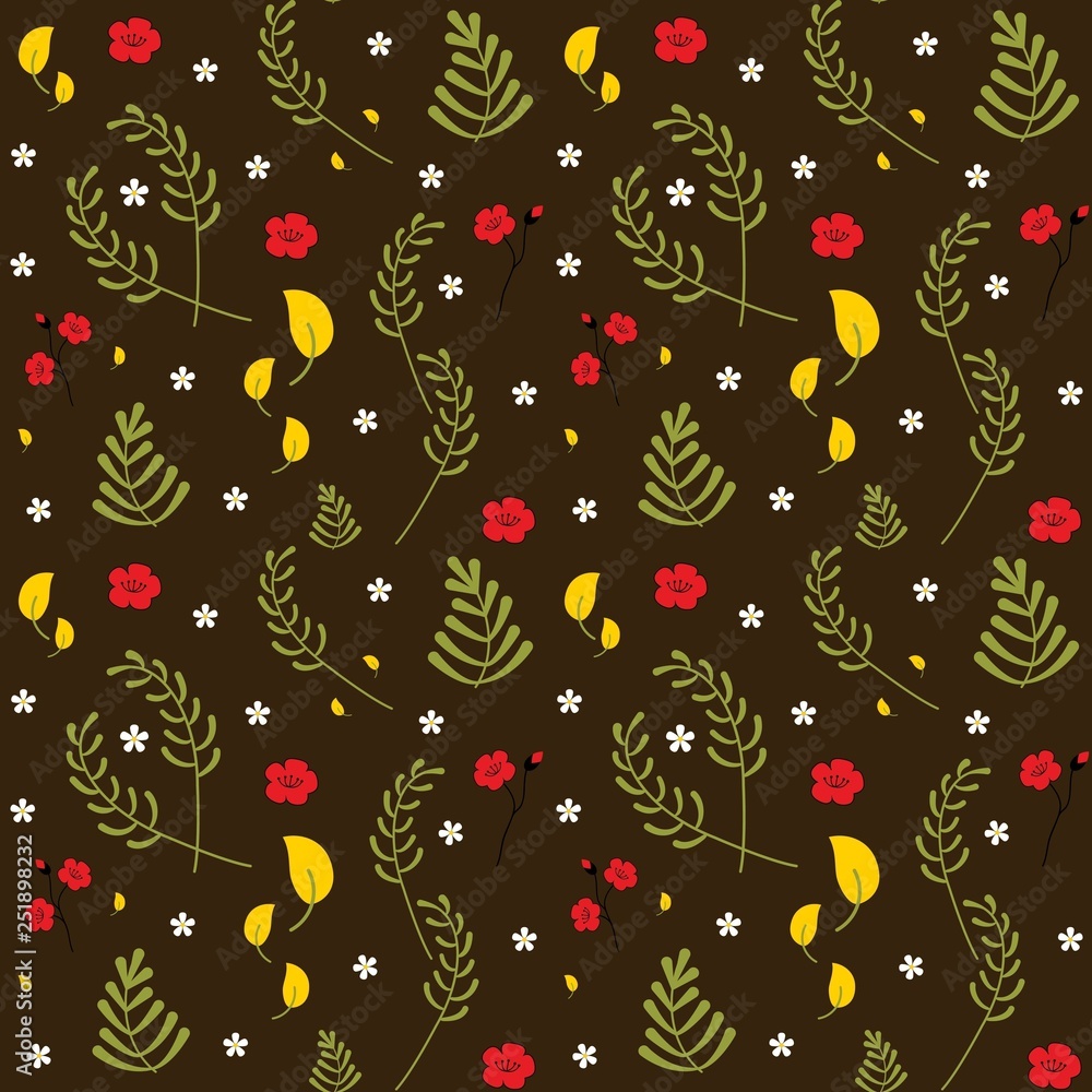 Vector seamless floral pattern. Trendy decorative colourful spring botanical pattern. Set of different plants, leaves and flowers. Cute objects on brown background. Vector seamless floral pattern. Trendy decorative colourful spring botanical pattern. Set of different plants, leaves and flowers. Cute objects on brown background.