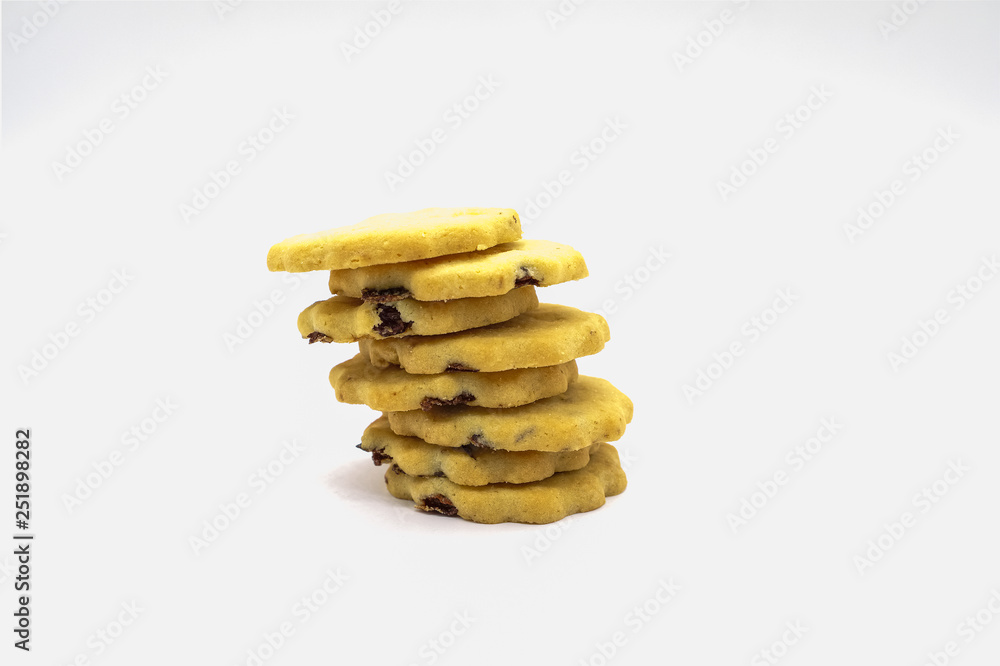 Eight Crispy Raisin Biscuits on a white background Eight Crispy Raisin Biscuits on a white background