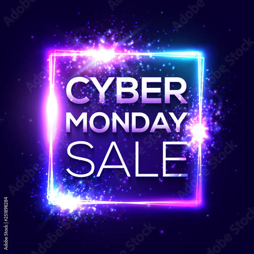 Cyber Monday sale banner. Fashionable neon style, luminous technology signboard. Nightly advertising online shopping concept. Advertisement of sales rebates of Cyber Monday. Bright vector illustration